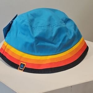 ALDI Blue Bucket Hat with Retro Rainbow Stripes